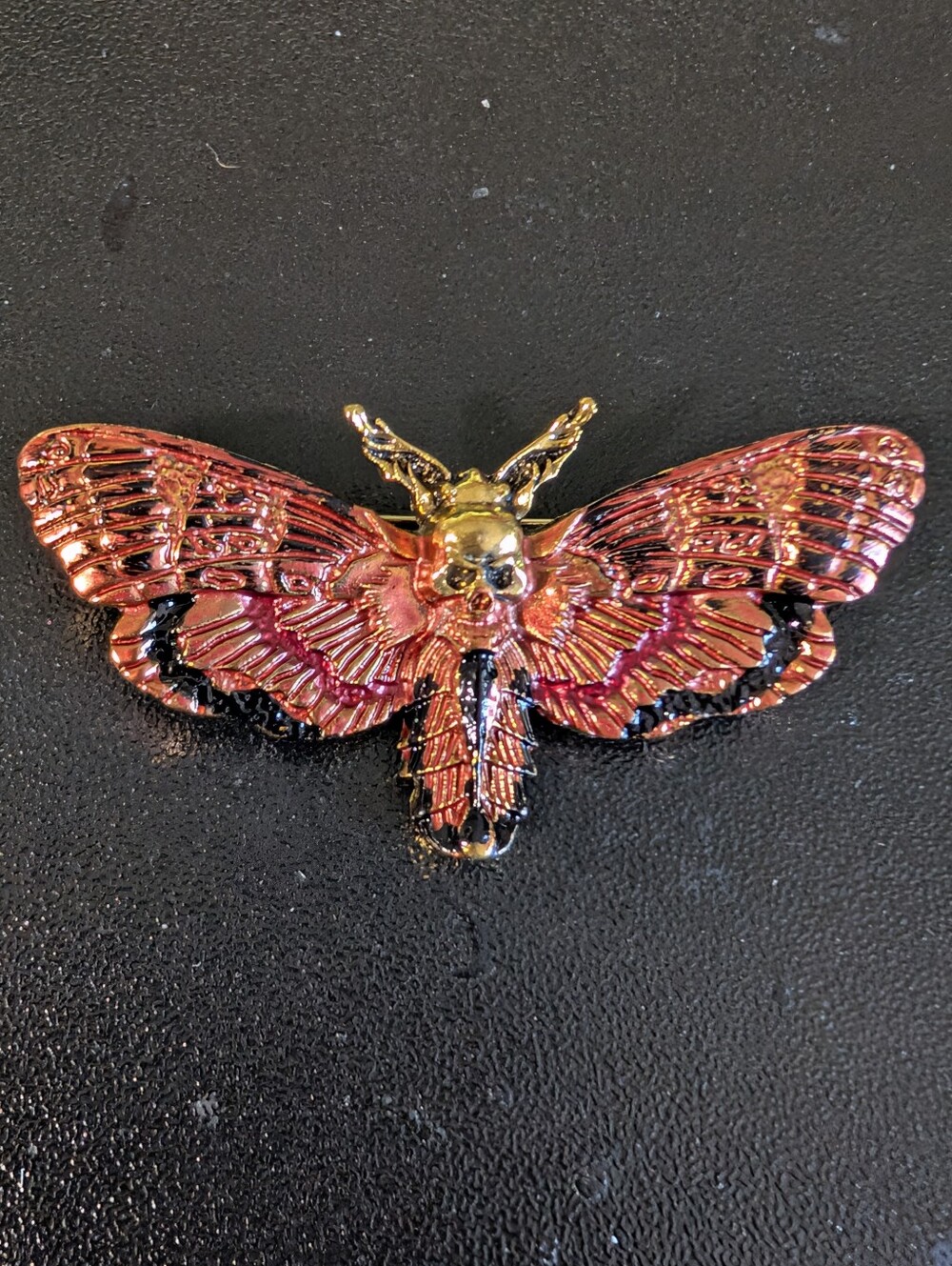 Death’s Head Hawk Moth Brooch Skull Red Black Enamel Gothic Statement Pin